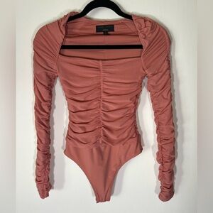 Michael Costello x Revolve rose pink ruched mesh chiffon bodysuit sz XS stretchy